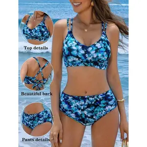 2pcs Women Ditsy Floral Summer Beach Vacation Sexy Spaghetti Strap Tankini Swimsuit Set, Bikini