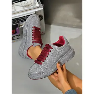Trendy Diamond Embellished Thick Sole Sneakers, Colorblock Laces Fashion Casual Shoes for Women, Must-Have Cool Style Footwear, Thick Soled Sneakers