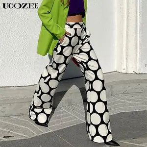 High Waisted Wide Leg Contrast Color Polka-Dot Split-Joint Pants Casual Womenswear Bottom, Polka-Dot Pattern
