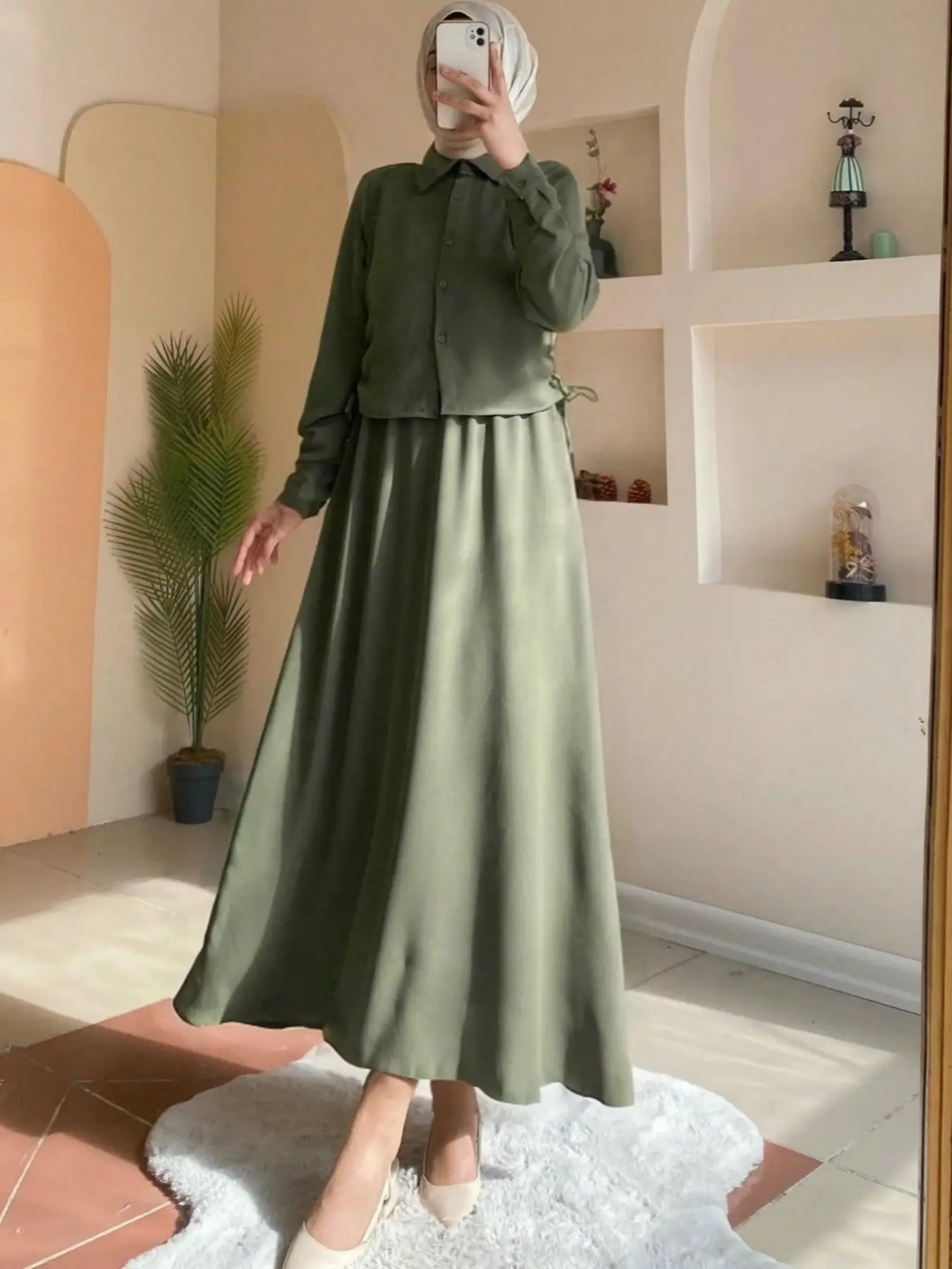 Women's Solid Button Front Drawstring Shirt & Elastic Waist Skirt Two-piece Set, Casual Long Sleeve Collared Top & A Line Skirt for Daily Wear, Ladies