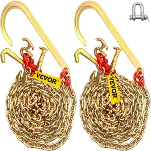 G80 Galvanized MN Steel J Hook Tow Chain, 2PCS 5/16"-10' with 15" Shank, RTJ Cluster & Grab Hooks, 5400lb Working Load, Heavy Duty for Wrecker Recovery & Trailer Towing