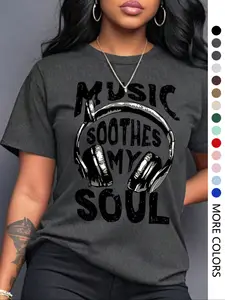 Women's Music Soothes My Soul Print Round Neck Tee, Fashion Casual Crew Neck Short Sleeve T-Shirt for Daily Holiday Vacation Outdoor Wear, Ladies Clothes for Summer, Top