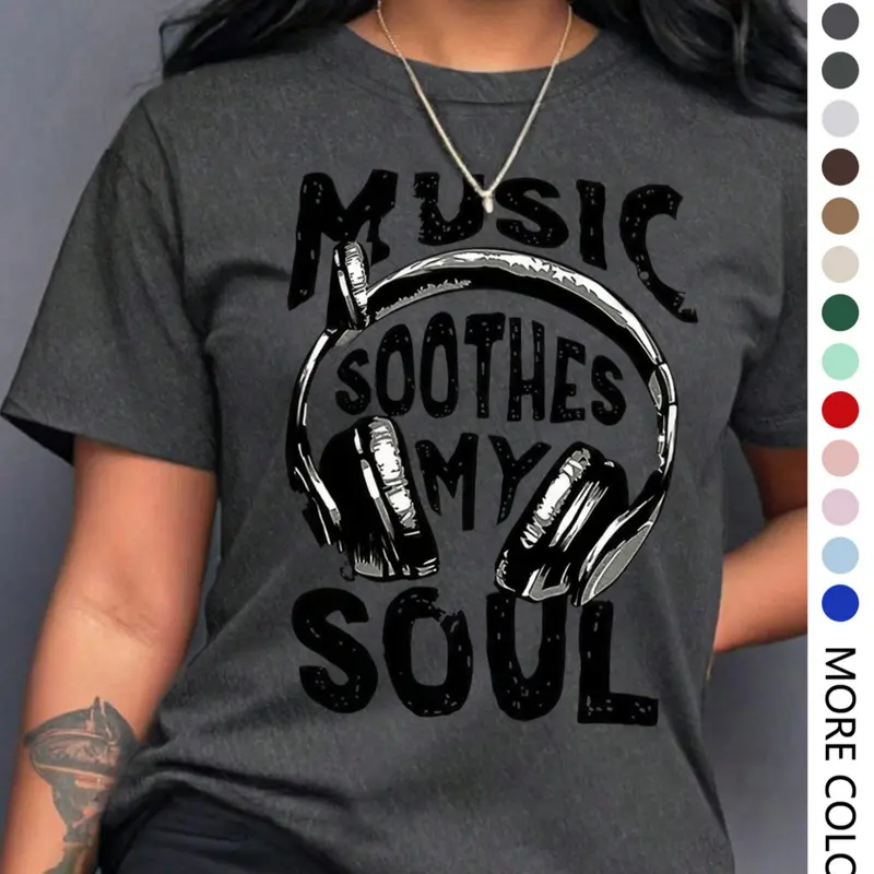 Women's Music Soothes My Soul Print Round Neck Tee, Aesthetic Graphic Tee, Fashion Casual Crew Neck Short Sleeve T-Shirt for Daily Holiday Vacation Outdoor Wear, Ladies Clothes for Summer, Top