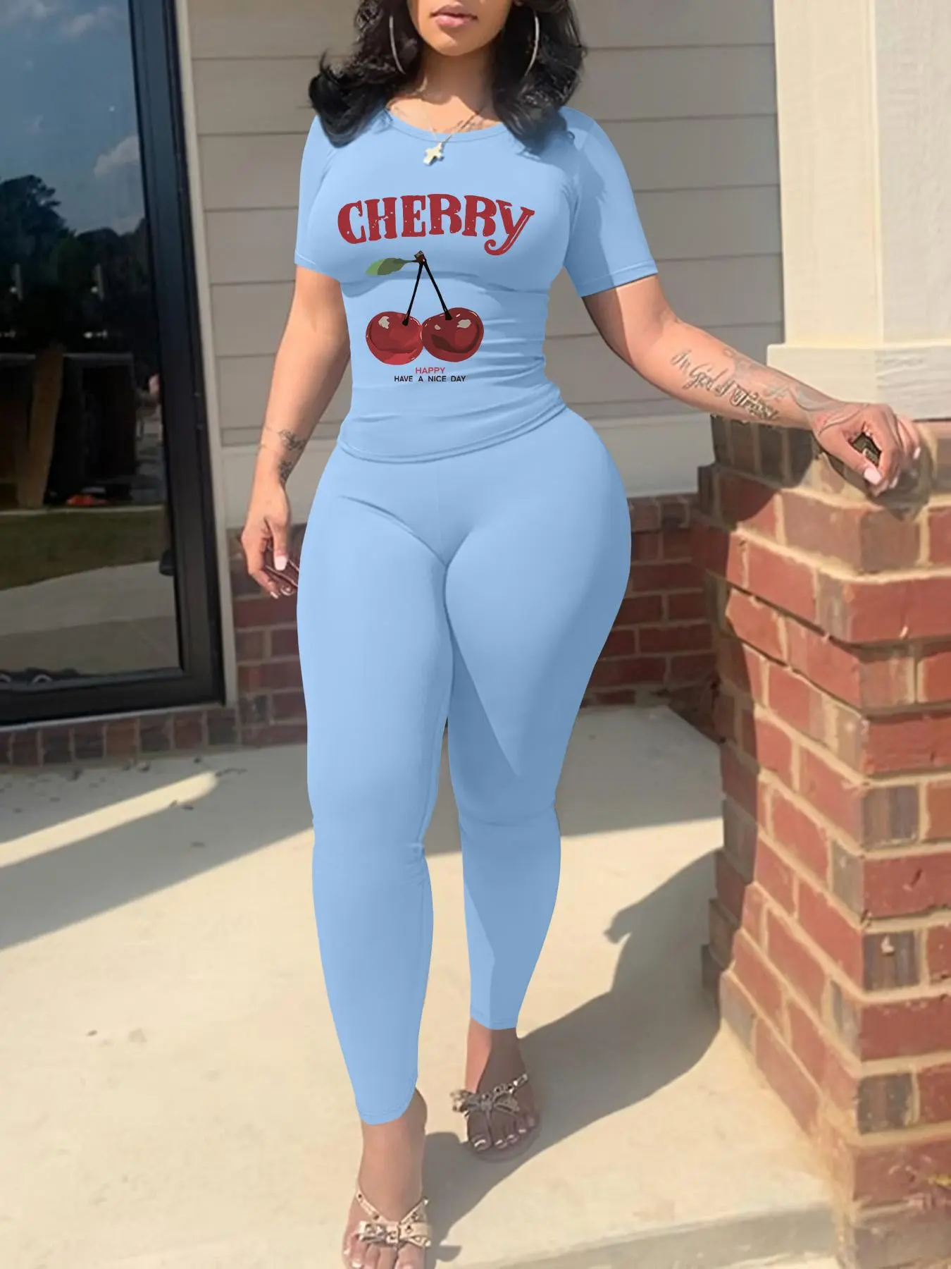 Two-Piece Set Women's Cherry & Letter Print Crop Tee Crop Top & Fitted Skinny Pants, Casual Fashion Cozy Round Neck Short Sleeve T-Shirt & Trousers for Daily Outdoor Wear, Ladies Clothes for Spring & Fall, Outfit, Matching Clothing Set, Womenswear