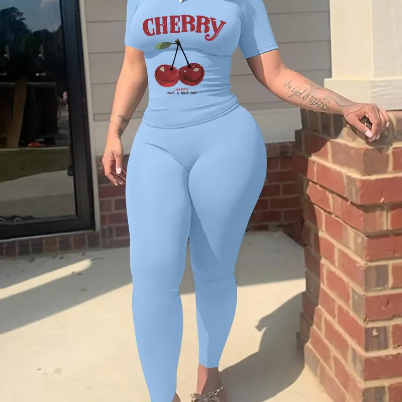 Two-Piece Set Women's Cherry & Letter Print Crop Tee Crop Top & Fitted Skinny Pants, Coordinate Set, Casual Fashion Cozy Round Neck Short Sleeve T-Shirt & Trousers for Daily Outdoor Wear, Ladies Clothes for Spring & Fall, Outfit, Womenswear