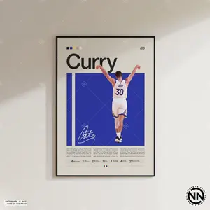 Steph Curry Blue Poster, Sports Poster, Mid Century Modern, Basketball Gift, Sports Bedroom Posters