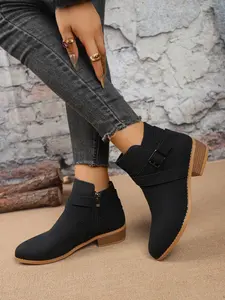 Women's Fashion Buckle Western Ankle Boots, Classic Casual Comfortable Thick Heel Elegant Shoes, Winter Warm Daily Wear Gift