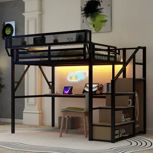 Full Size Loft Bed Frame with Desk and Charging Station, Heavy-Duty Metal Loft Bed with Stairs and Light for Teens, Black+Brown
