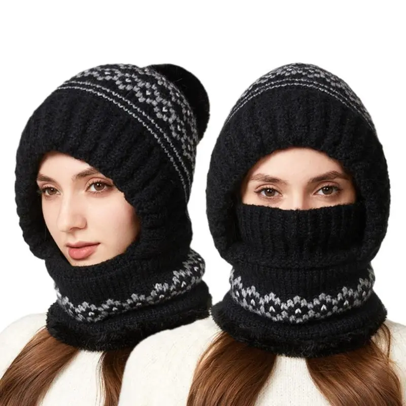Women’s 2-in-1 Winter Knit Hood Scarf & Beanie Set - 2-in-1 Head+Neck Design, Full-Head Coverage, Cozy Fluffy Pink Cap, Fleece-Lined Balaclava, Comfortable Fit, Cold Weather Accessory for Skiing, Outdoor Travel