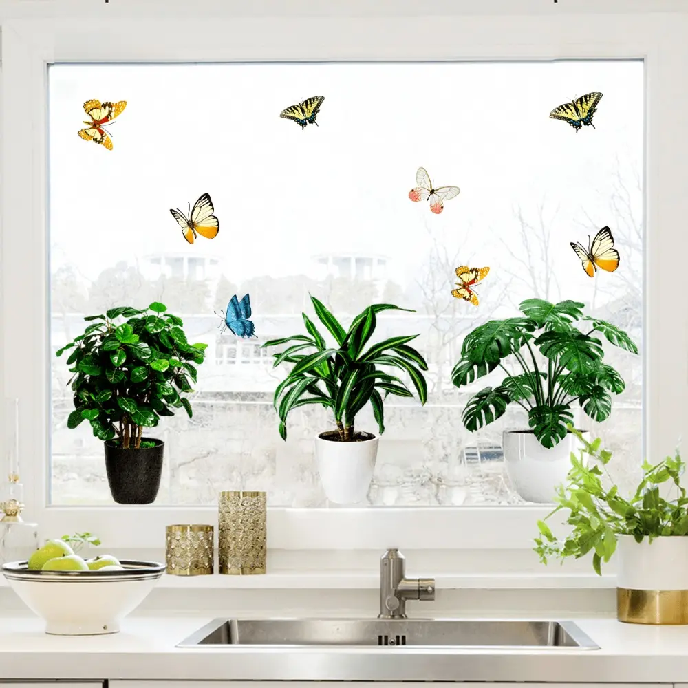 A piece of (30*60cm) plant potted butterfly window stickers, self-adhesive home decoration stickers for glass windows, C18545-NC