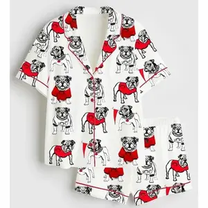 Luxury Women's Bulldog Print Satin Pajama Set - Short Sleeve Button-Down PJs & Shorts, Pajama Gifts for Her, Shorts & Pants | Custom Gift for Her | Bridesmaid Pajamas | Custom Jersey PJS