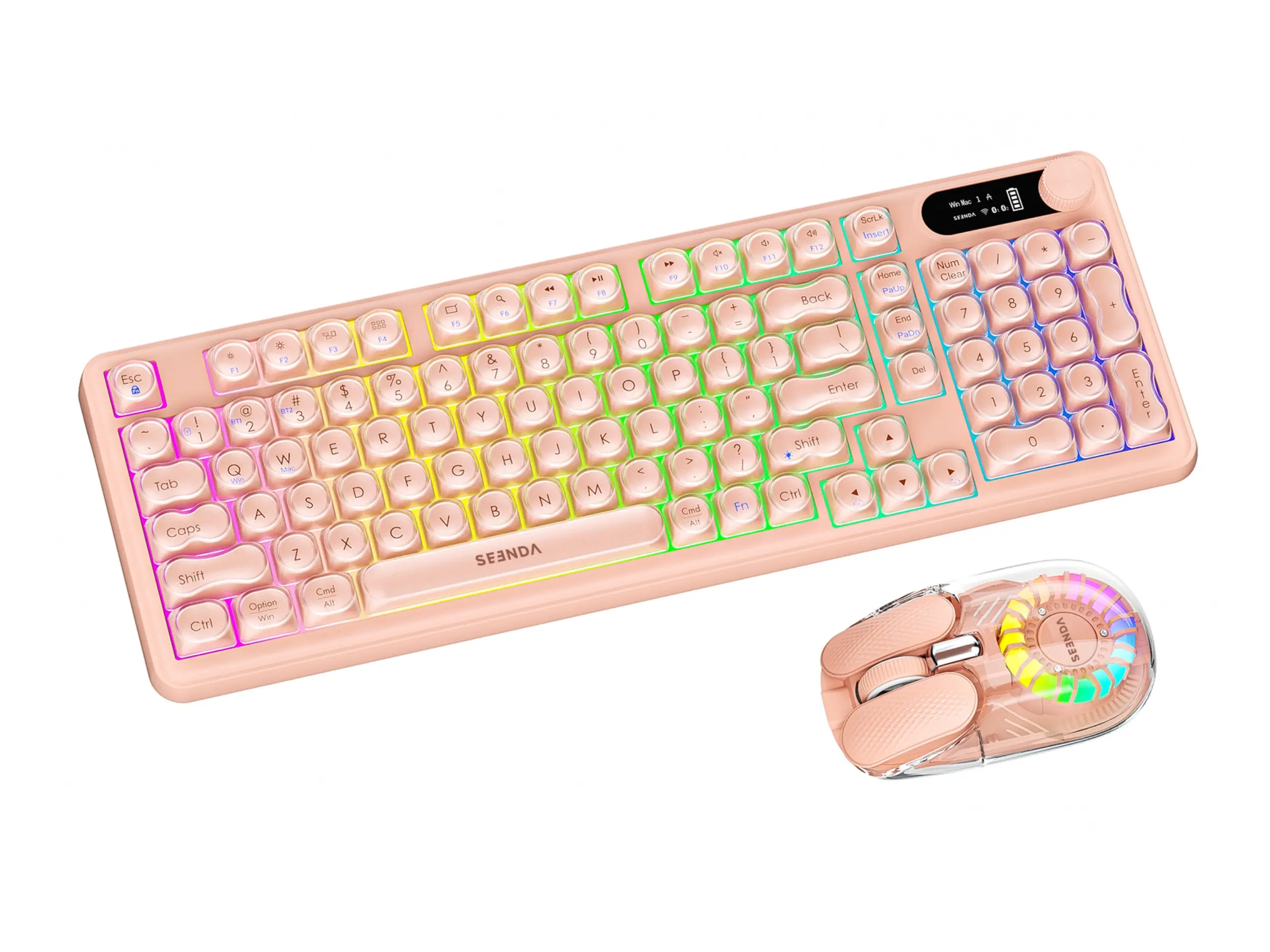 Seenda COE303 Pro Bluetooth Keyboard and Mouse Combo - Wireless Transparent Full-Size Keyboard with Silent Keys, Built-in Li-ion, Multi-Device Bluetooth-2.4G Dual Mode, RGB Mouse, Compatible with Windows, Mac, Android, iOS