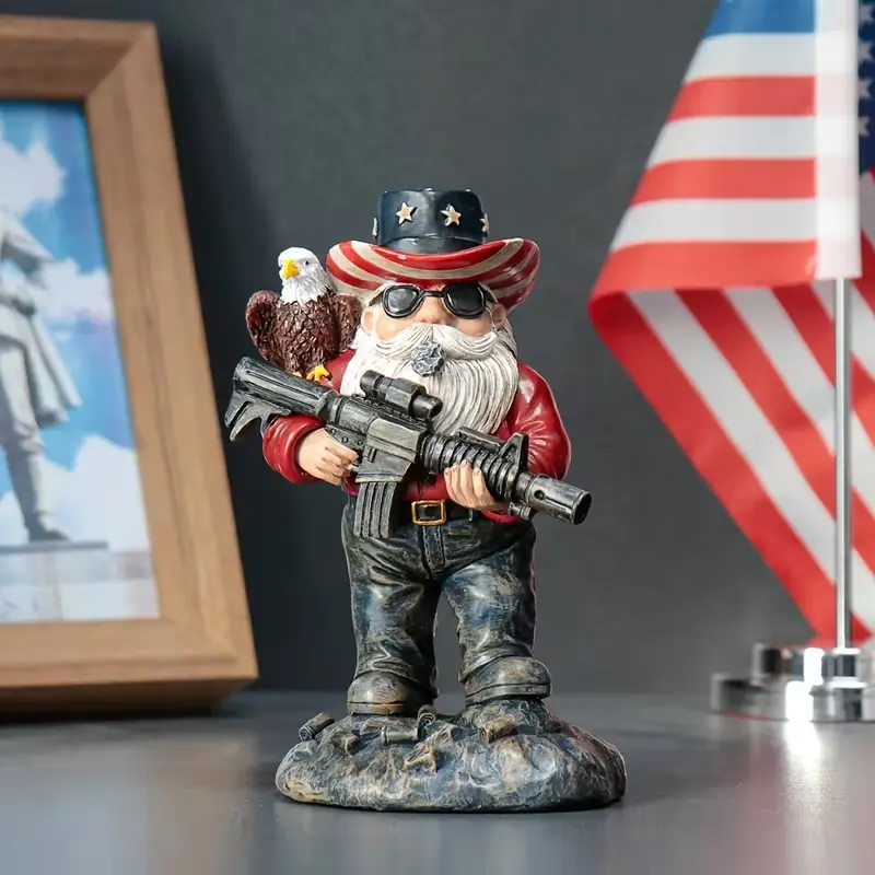 Patriotic Resin Garden Gnome Statue with American Flag & Eagle, 5.11 Inch Gun-Holding Dwarf, Indoor/outdoor Decor, Perfect for Holidays, Garden Sculptures Statues, Garden Sculptures And Decor