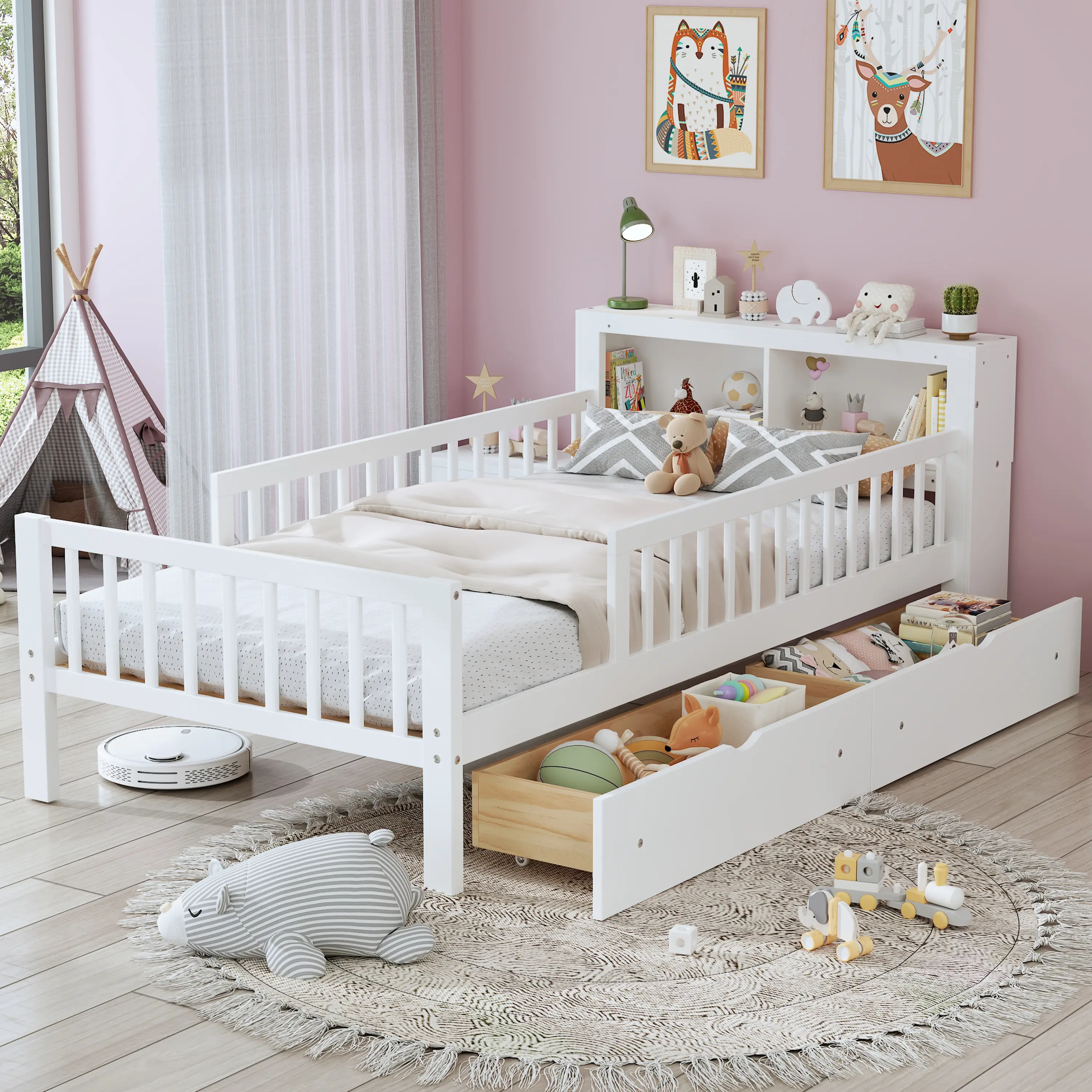 Twin Size Bed in White Wood with Three-Side Guardrails, Headboard Storage, and Two Under-Bed Drawers for Safety and Organization
