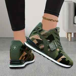 Women's Camo Height-Increasing Sneakers Slip-On Lace-Up Low-Top Comfort Lightweight Breathable Sporty Casual Shoes with Hidden Lift All-Season Green Camouflage Design EVA Material