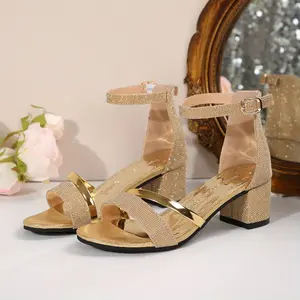 Golden High-Heeled,Sparkling gold thick heel sandals with cross strap design, adding extra points to summer styling