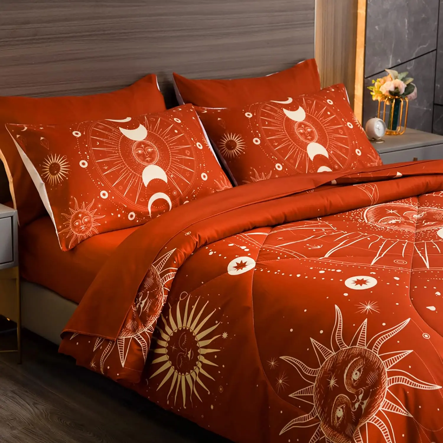Celestial Bdding 7 count Burnt Orange Comforter Set Boho Bedding Witchy Bedding Set Hippie Bed Set Starry Galaxy Comforter Set Sun and Moon Bed Set