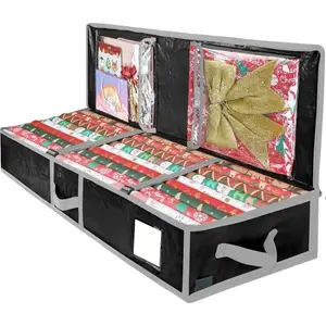 SOFT Christmas Wrapping Paper Storage Bag, 40" Durable PE Gift Wrap Storage Bag with Flexible Partitions and Pockets for Ribbon, Accessories (Black)