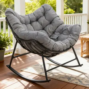 Oversized Wicker Rocking Chair with Thick Cushion, Cozy Patio Rocker, Modern Egg Chair for Outdoor & Indoor, Large Recliner, Stylish Black Porch Furniture Sunbathing Chaise Lounge