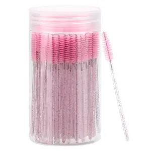 100PCS Disposable Cosmetic Mascara Wands - Pink Crystal Smoothing Eyelash & Eyebrow Spoolie Brushes with Storage Container for Makeup Products