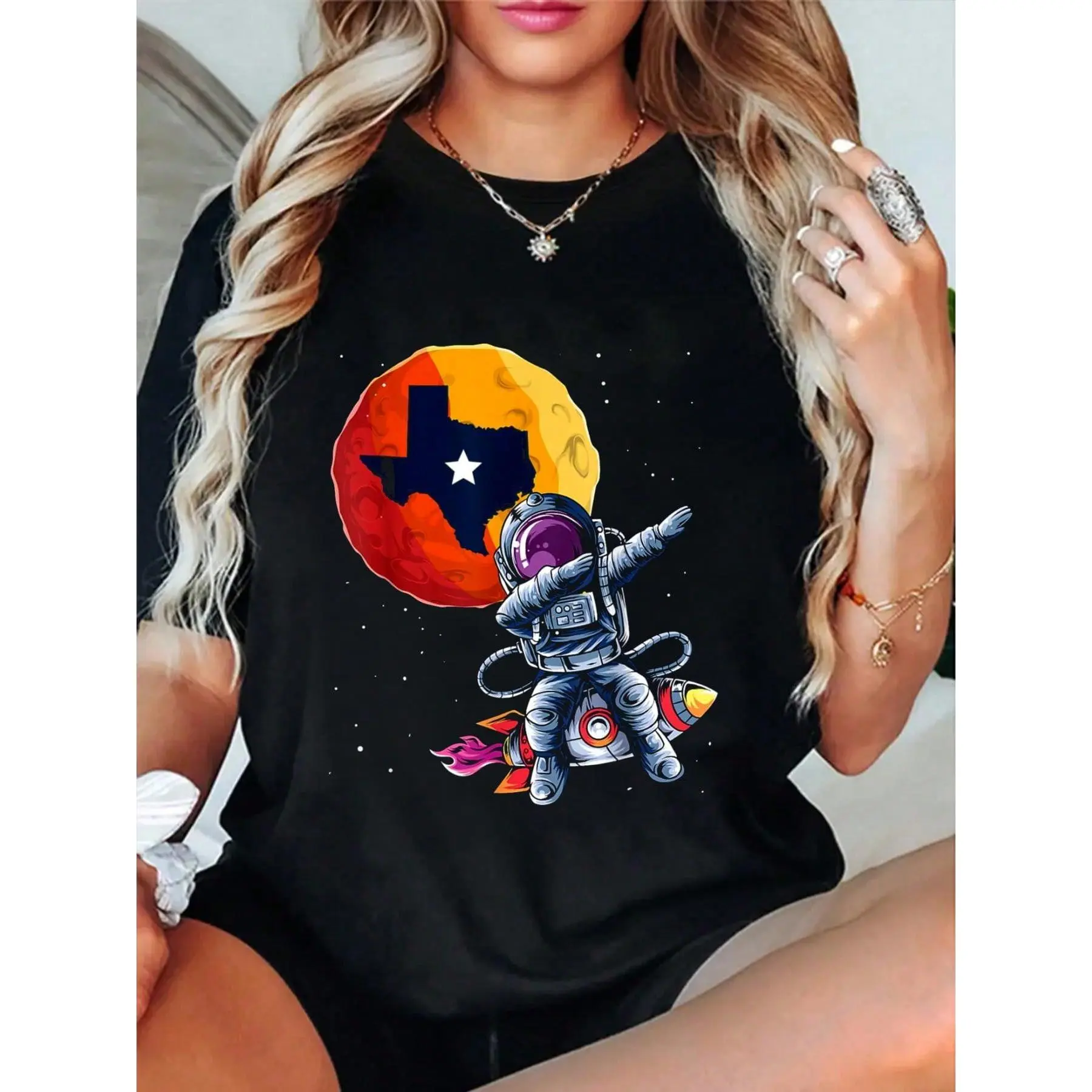 Women's 100% Cotton Graphic T-Shirt - Streetwear Casual Round Neck Tshirt with Funny 1965 Houston Dabbing Astronaut Vintage Print for Everyday Wear, Lady, Pure Cotton, Korean, Cartoon, Pants Set, No