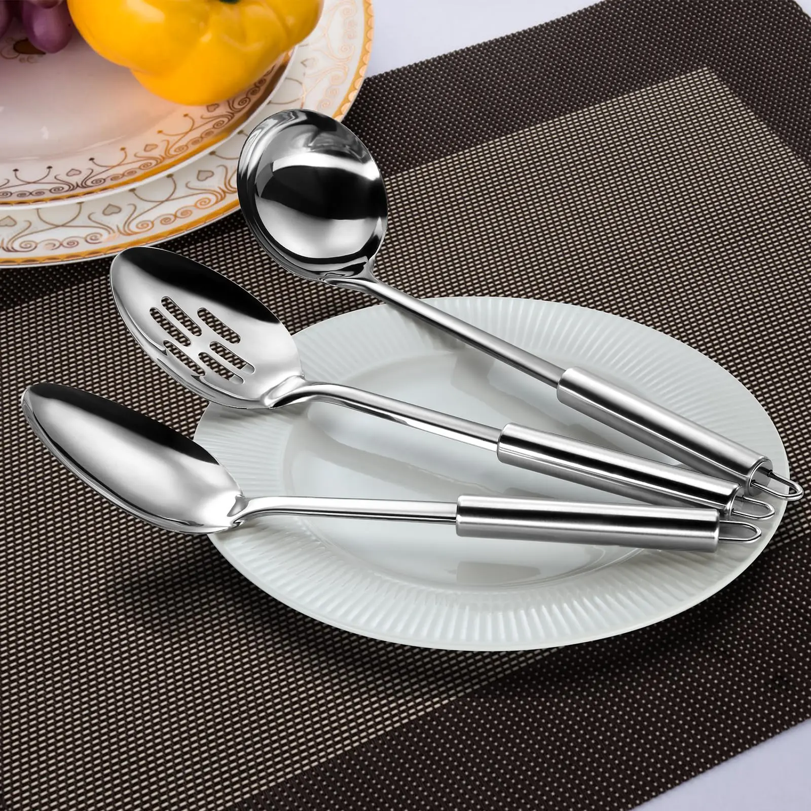 3 Pack Stainless Steel Cooking Spoons Set Long Handle Slotted Serving Spoon Solid Metal Mixing Spoon Large Baking Spoons Kitchen Stirring Utensils for Home Restaurant kitchen utensil cooking tool gadget
