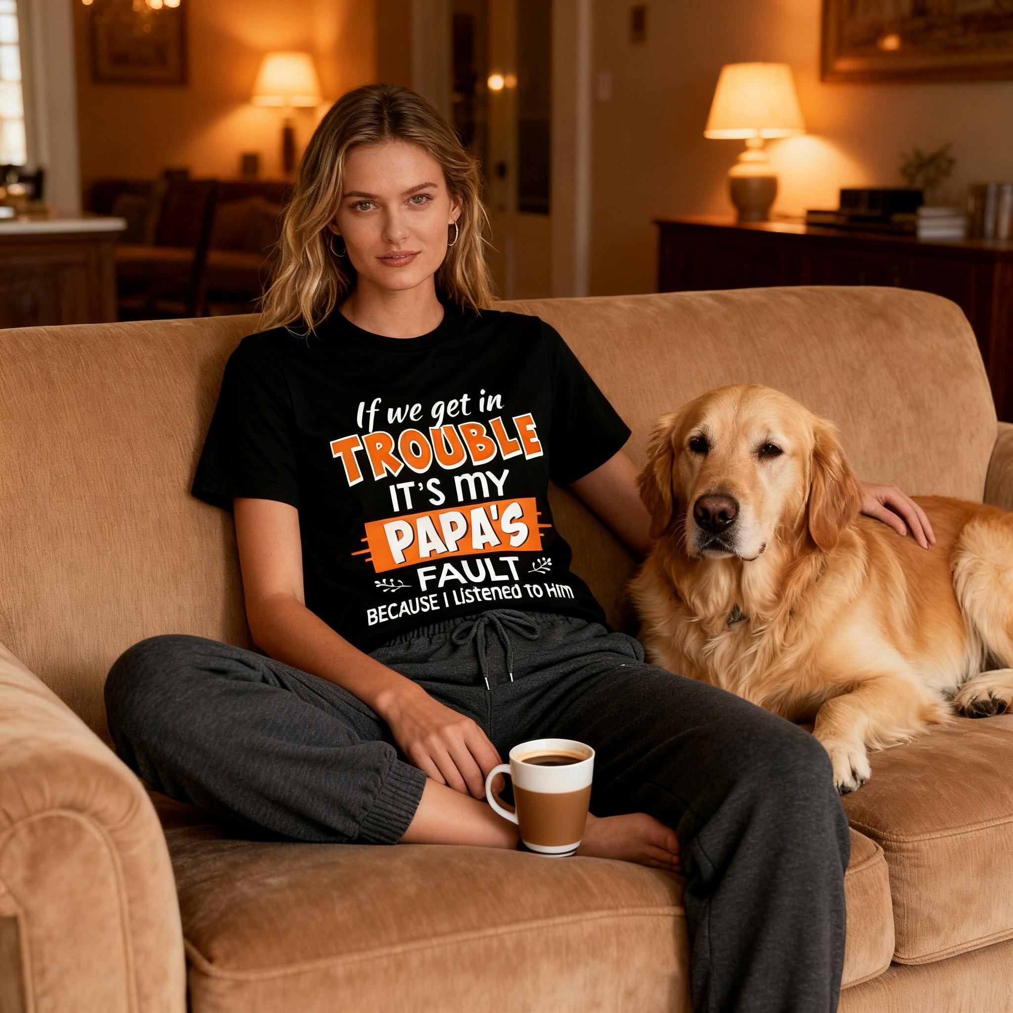 Unisex Kids "If We Get In Trouble It’s Papa’s Fault" Funny Father Graphic T-Shirt - Retro Street Style, Layered Font, Classic Fit, Summer Casual Wear for Family Outings