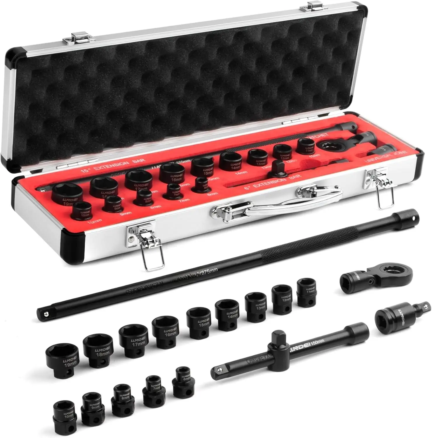 3/8" Nano Sockets, Drive Stubby Impact Socket Set, 19- Long Flex  Ratcheting Wrench Set Extension Bar(6"-15"), 6-19mm Metric Stubby Socket Set, Cr-Mo material