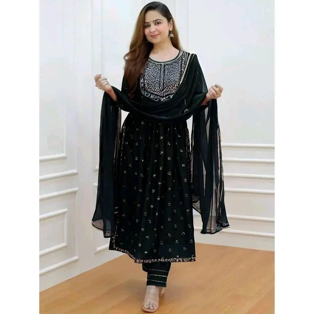 Women's 3 Piece Linen Dress with Embellished Top & Matching Dupatta Fashionable Ensemble for Various Occasions