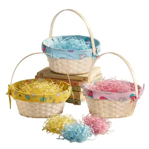 Natural Bamboo Easter Basket Set, 3PCS with Removable Bunny Fabric Liner and Raffia Grass for Egg Hunt, Candy, Picnic, and Seasonal Decoration, Yellow Pink Blue