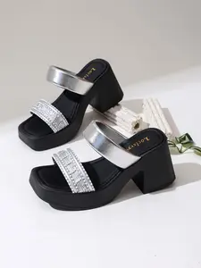 Water Drill Thick Sole Chunky Heel Sandals, Stylish Comfortable Elegant Design, Backless Mule Structure, Full Water Drill Front