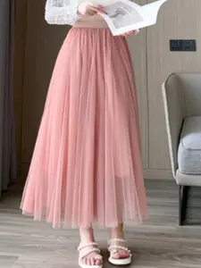 Women's A-Line Midi Skirt, High Waist Slimming Mesh Half-Length Dress, Fashionable Draped Pleated Design, All Seasons Wear