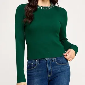 Monica12-Beautiful yarn sweater with rhinestones on the neck