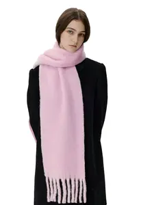 Women's Solid Color Long Tassel Fluffy Soft Scarf with Wool, Thickened Fall Winter Soft Skin-Friendly, Casual Fitted Style for Outdoor Play or Indoor Office