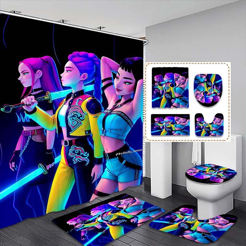 Creative Cartoon Anime Girl Group Shower Curtain Set, Includes Bath Mat, Toilet Lid Cover, U-Shaped Tray, Polyester Fiber Bathroom Decor Gift