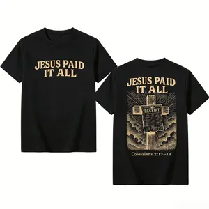 Retro Washed T-Shirt Double Sided Printed 230 Pure Cotton 'JESUS PAID IT ALL' Letter & Cross Pattern Christian Gift Men's Casual Comfortable Fashionable Street Style Cotton Short Sleeve washed pure cotton