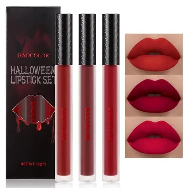 BADCOLOR 3 Colors Red Matte Liquid Lipstick Set, Burgundy Ruby Red Lip Stain for Women, High Impact Long Lasting Velvet Lip Stick, Nonstick Cup Smudge Proof & Waterproof Vampy Halloween Makeup Kit
