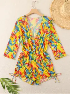 Women's Floral Print Cover Up Romper, Casual V Neck Romper for Beach Holiday Vacation, Ladies Swimsuit for All Seasons