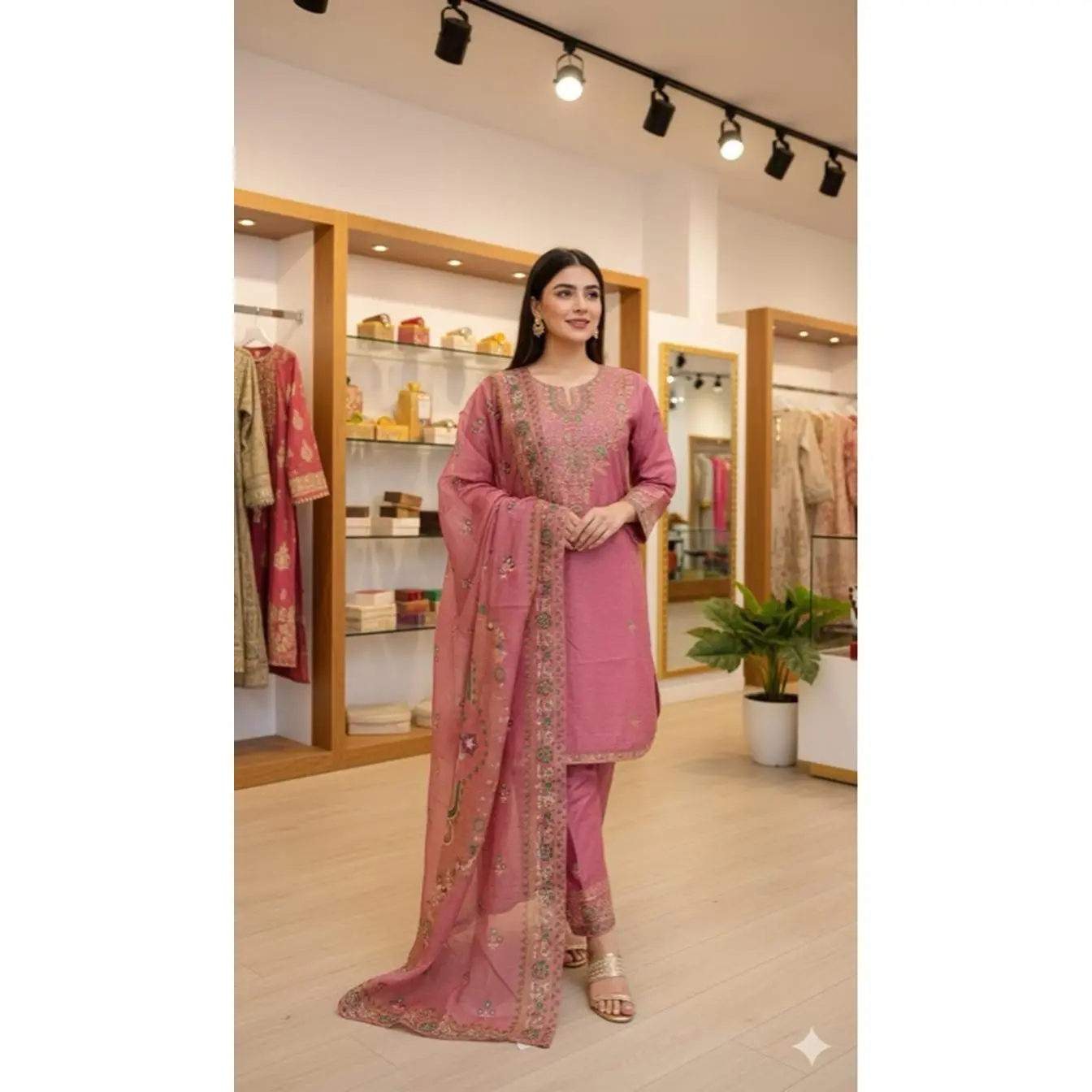 Pakistani Punjabi Dusty Rose Pink Embroidered Three-Piece Suit with Floral Motifs and Gold Accents for Festive Gatherings and Eid Celebrations