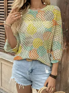 Spring and Summer Collection: Round-neck open-front loose batwing shoulder sleeve pullover, contrast-colored circle print women's knit top, beachy style, casual and elegant for work, women's tank top, bikini top, bohemian beach-style seaside pullover