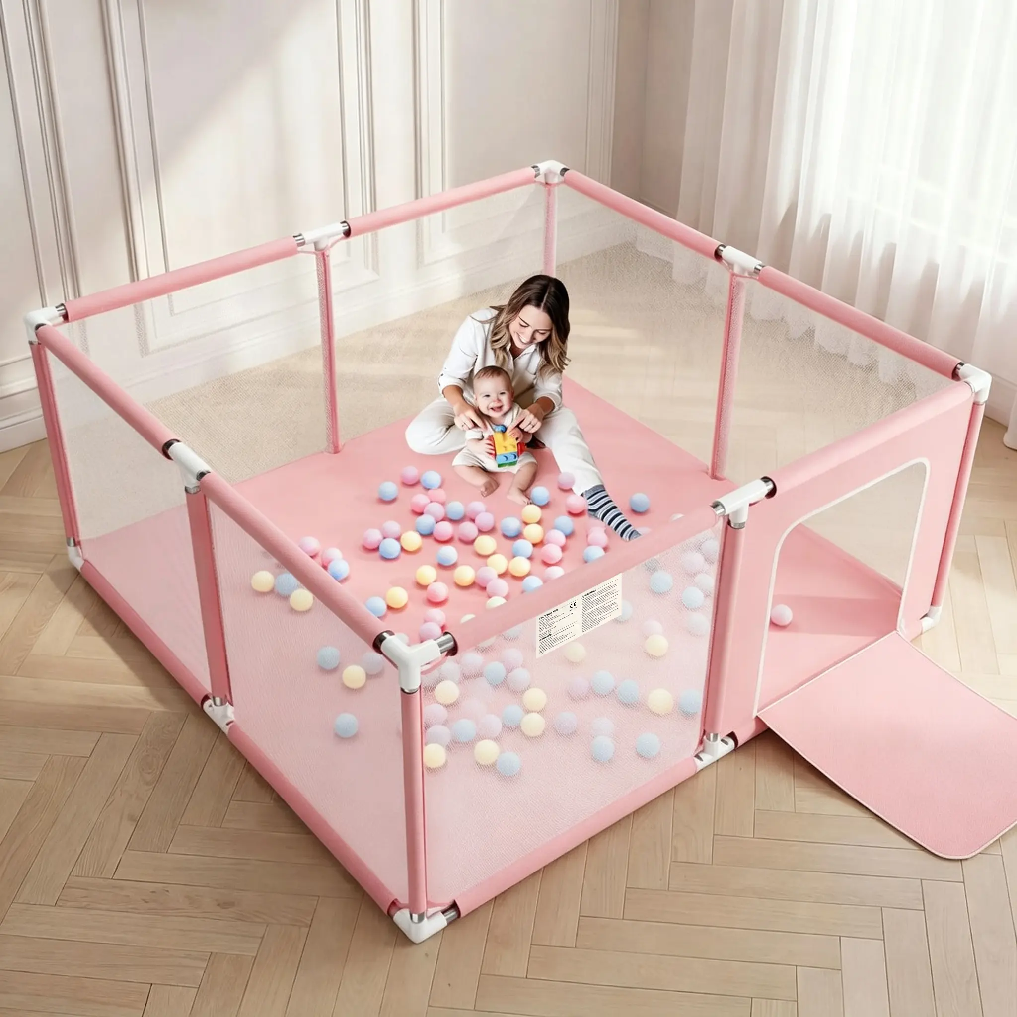 Baby Fabric Playpen (6-9 Months) - Nursery Center Playard for Infants & Toddlers with Gate, Anti-Slip Mat, Sturdy Fence, Secure Activity Center, Reliable Barrier, Indoor & Outdoor Use
