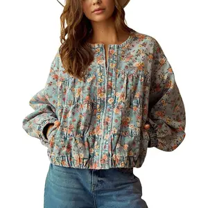 Women Spring Fall Oversized Jean Jacket Trendy Lightweight Floral Denim Bomber Jacket Coat