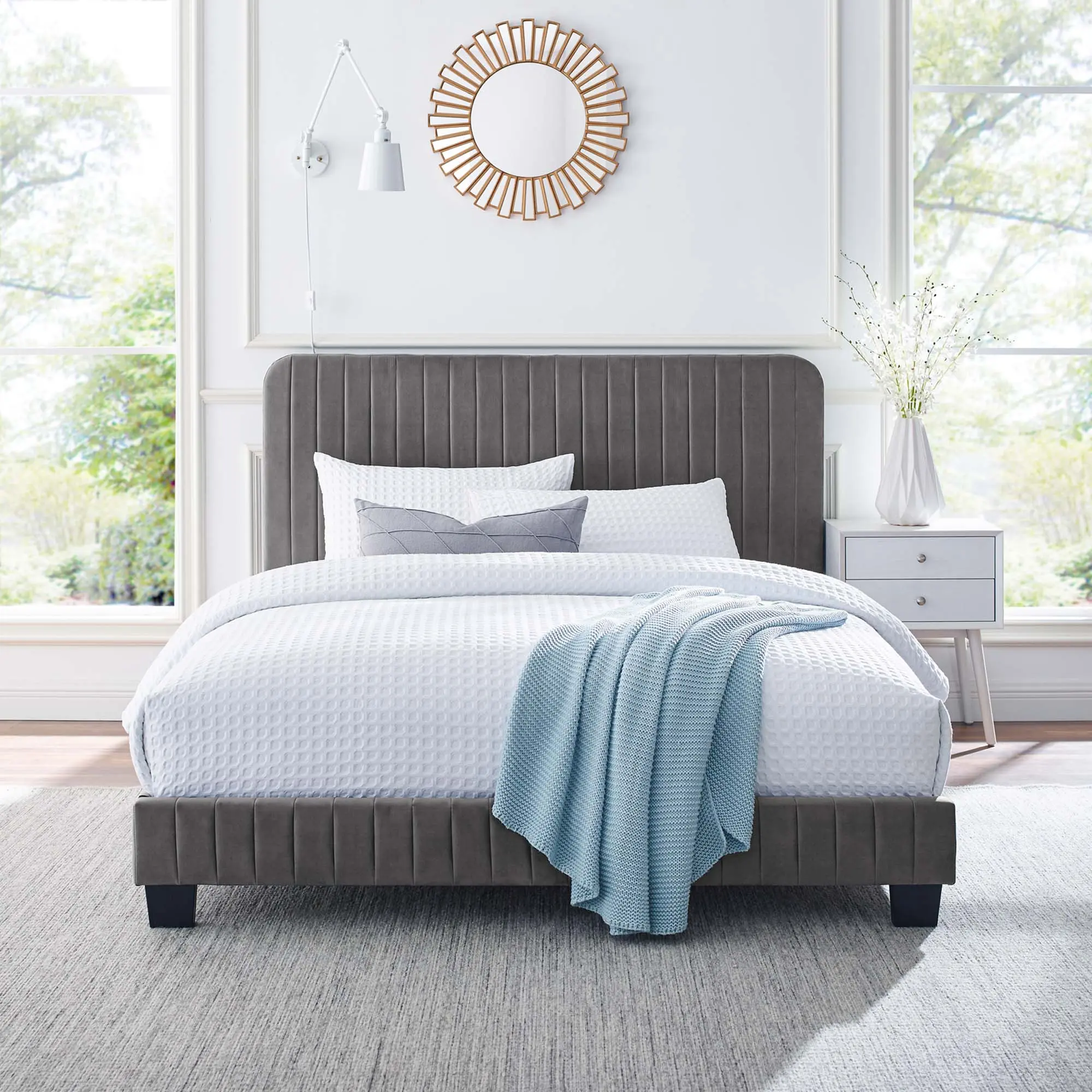 Modway Celine Tufted Upholstered Modern Platform Bed with Headboard, Channel-Tufted Performance Velvet, Full Size, Gray