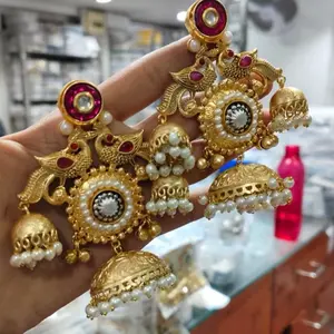 Brass Kashmiri Jhumka Earrings for Women by Designer Kashmiri Jhumki Style with Red and White Accents and Pearl Details mothers day jewelry