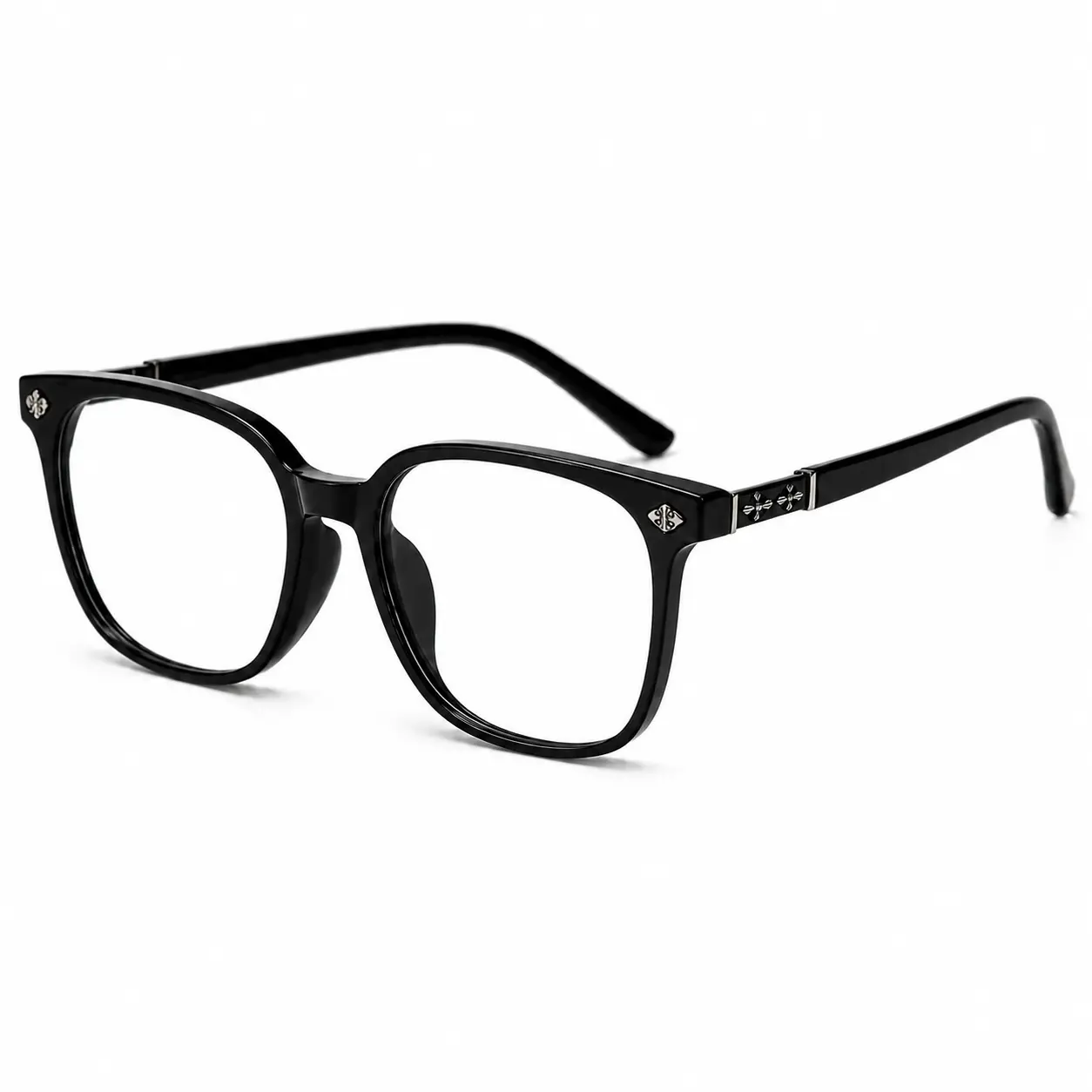 Ferrberty x Lyrasses 1.0 Lightweight Acetate Blue Light Glasses - Bright Black Square Frames with Metal Accents, Unisex Photochromic UV Protection Eyewear, Wide-Fit for Work & Driving