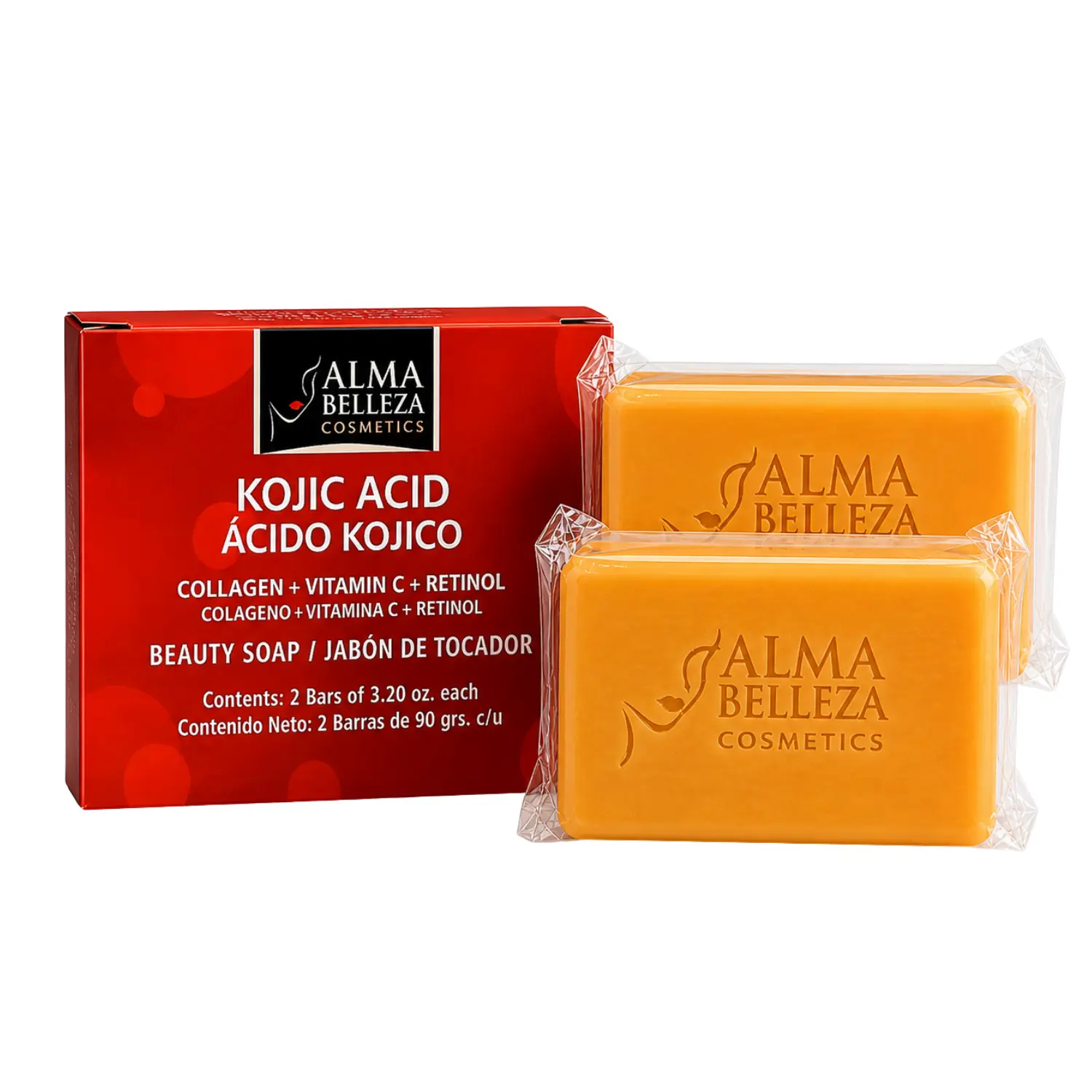 Alma Belleza Kojic Acid Cleansing Bar, Nourishing Soap for Face & Body with Collagen, Vitamin C & Retinol, Promotes Radiant Skin, 2-Pack