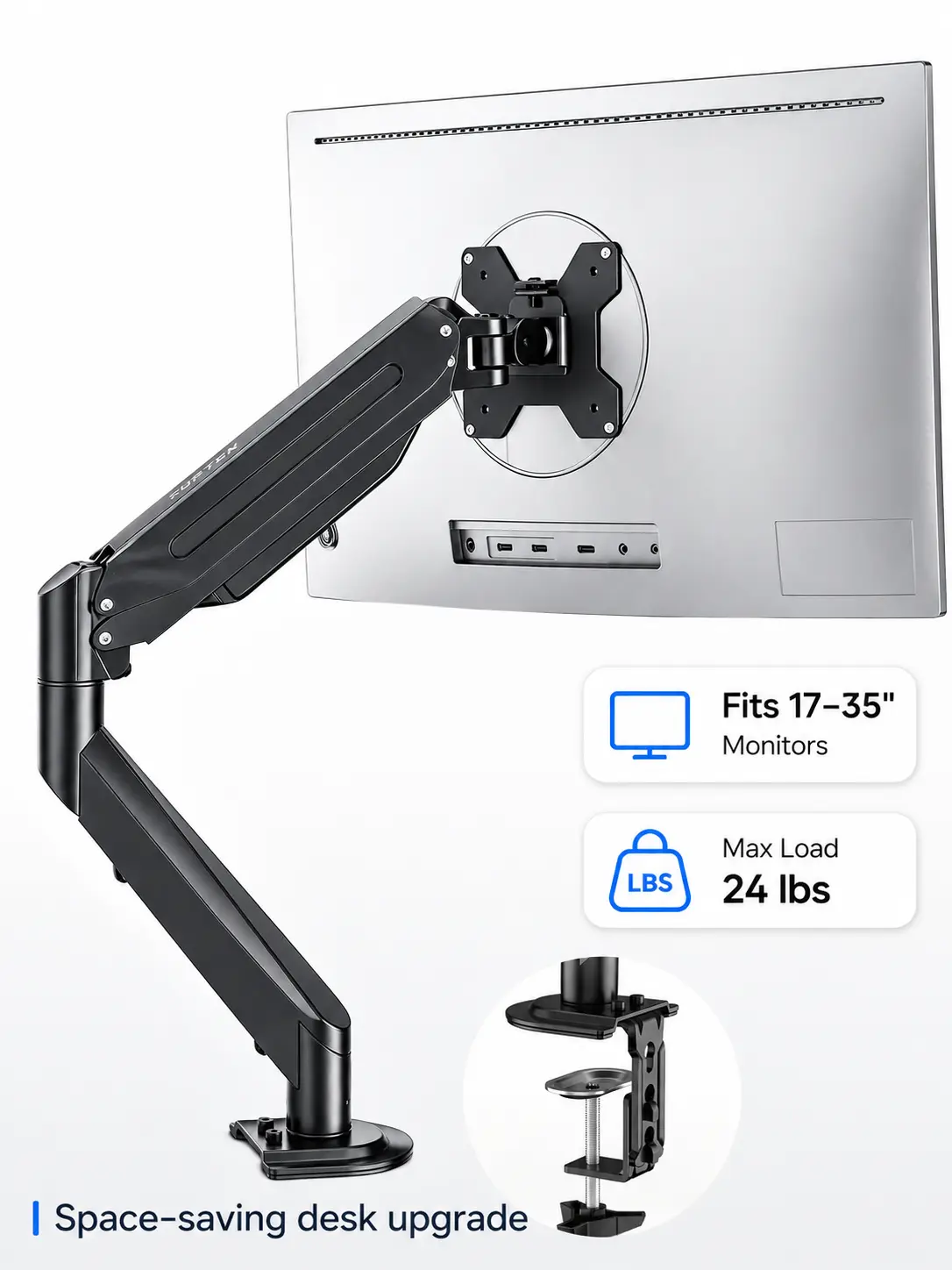 SUPTEK Single Gas Spring Monitor Arm, Modern Computer Desk Mount with 18.7" Max Height, Swivel & C-Clamp, Heavy Duty Holder for 17-35 in Screens Up to 22 lbs, Assembly Required, Improving Posture for Professional Workstations, Monitor Arms