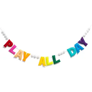 Pre-Strung Rainbow Play All Day Reusable Felt Banner Sign Wall Hanging Garland for Kids Nursery Playroom Boys Girls Playhouse Toy Room Classroom Wall Decoration