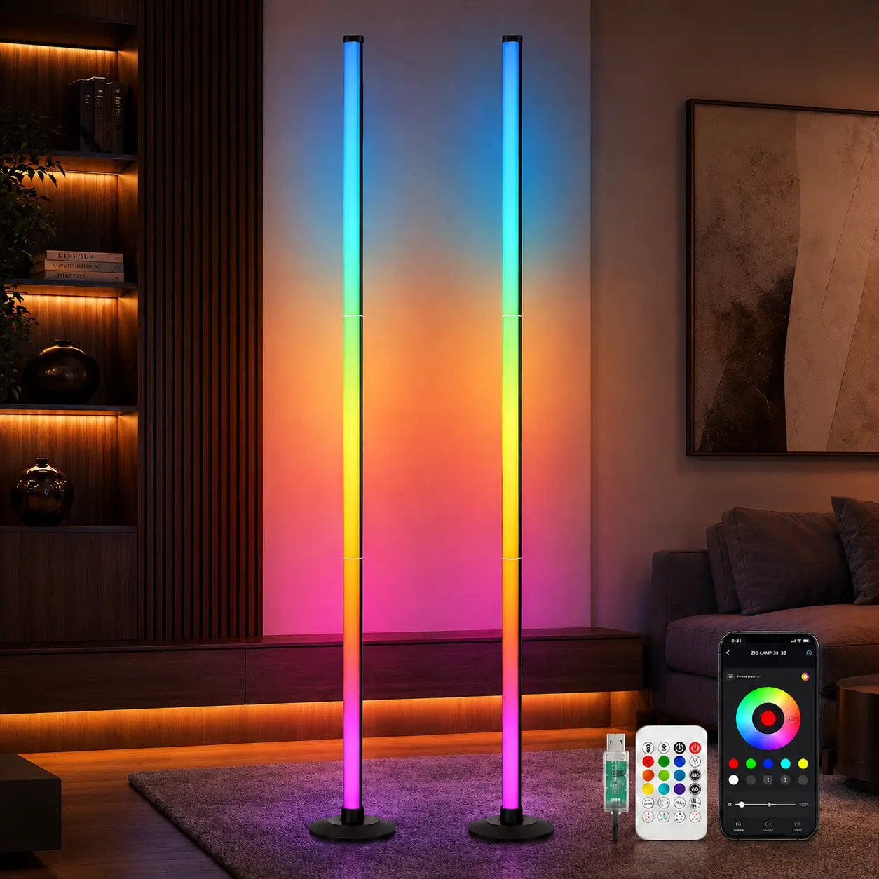 Corner Floor Lamp, RGBIC LED Corner Lamp with Smart Modern Floor Lamp, App & Remote Control, Music Sync, Color-Changing Standing Lamp for Bedrooms, Living Rooms, and Gaming Rooms rgb light effect indoor ambient atmosphere decoration