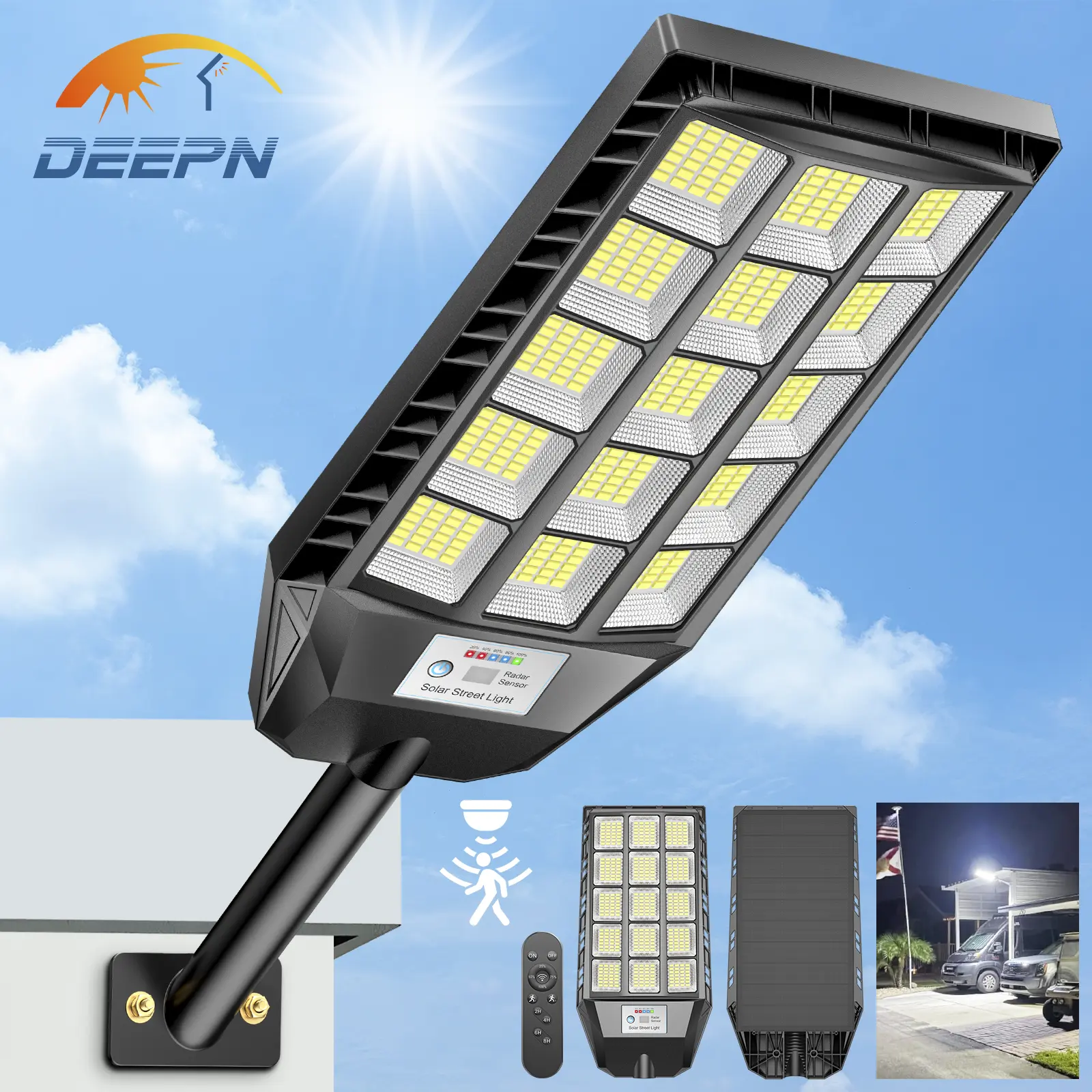 DEEPN Solar Lights Outdoor IP67 Waterproof, Solar Street Lights Outdoor, 6500K LED Dusk to Dawn Security Flood Light Motion Sensor with Remote Control for Yard, Parking Lot, Porch, Garages, Garden, 4 Pack